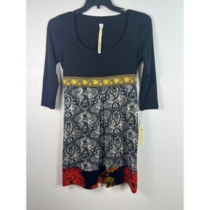 Anthropologie Uncle‎ Frank Black Paisley Floral Print 3/4 Sleeve Dress XS NWT